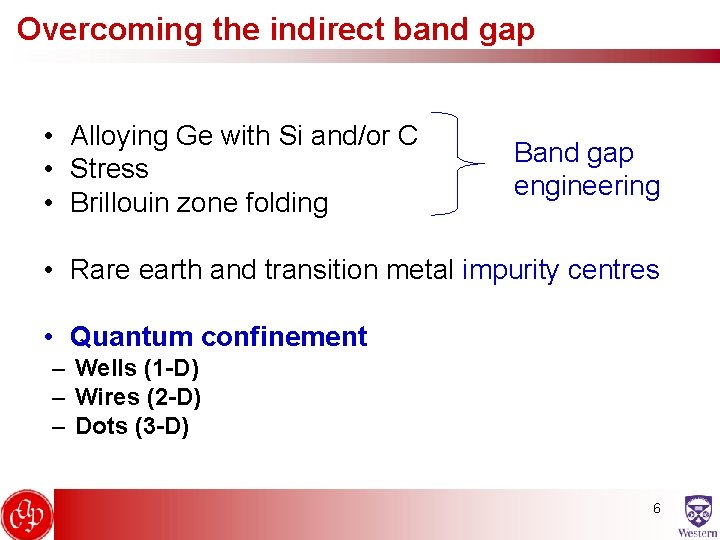 Overcoming the indirect band gap • Alloying Ge with Si and/or C • Stress