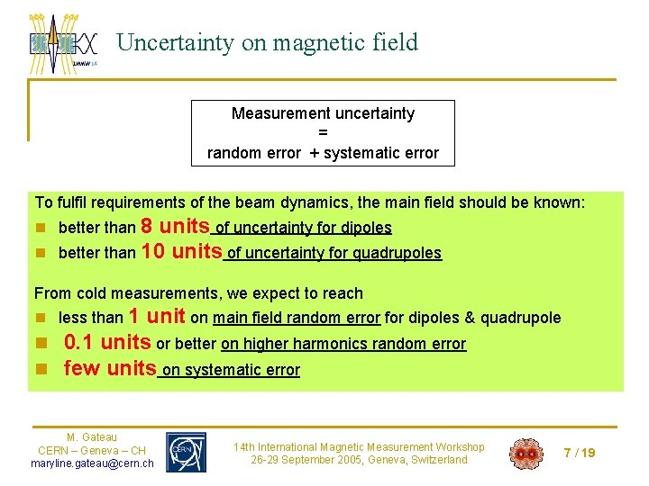 Uncertainty on magnetic field Measurement uncertainty = random error + systematic error To fulfil