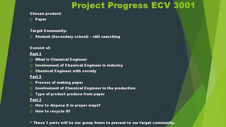 Project Progress ECV 3001 Chosen product: q Paper Target Community: q Student (Secondary school)