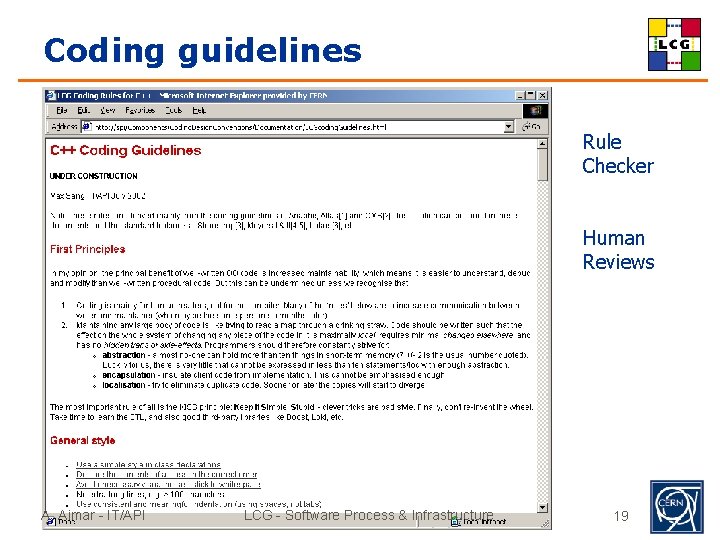 Coding guidelines Rule Checker Human Reviews A. Aimar - IT/API LCG - Software Process