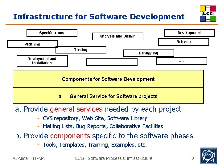 Infrastructure for Software Development Specifications Development Analysis and Design Release Planning Testing Deployment and