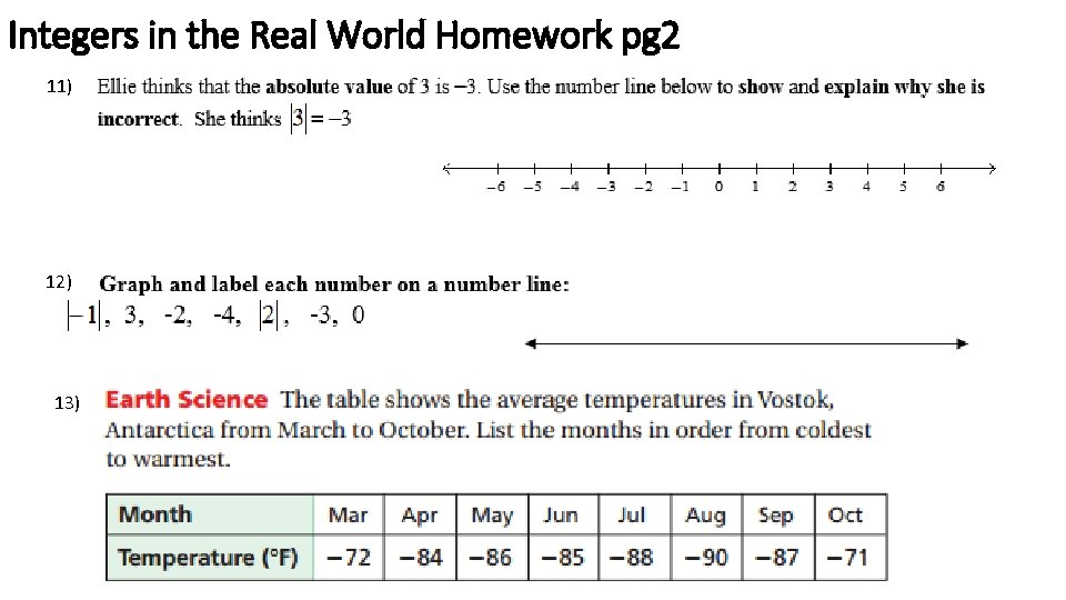 Integers in the Real World Homework pg 2 11) 12) 13) 