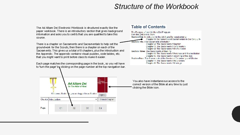 Structure of the Workbook The Ad Altare Dei Electronic Workbook is structured exactly like