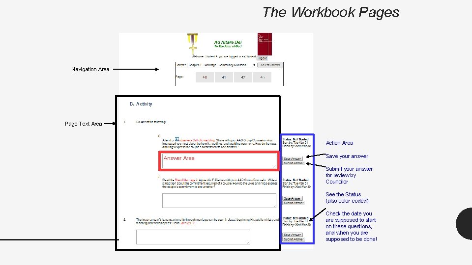 The Workbook Pages Navigation Area Page Text Area Action Area Answer Area Save your