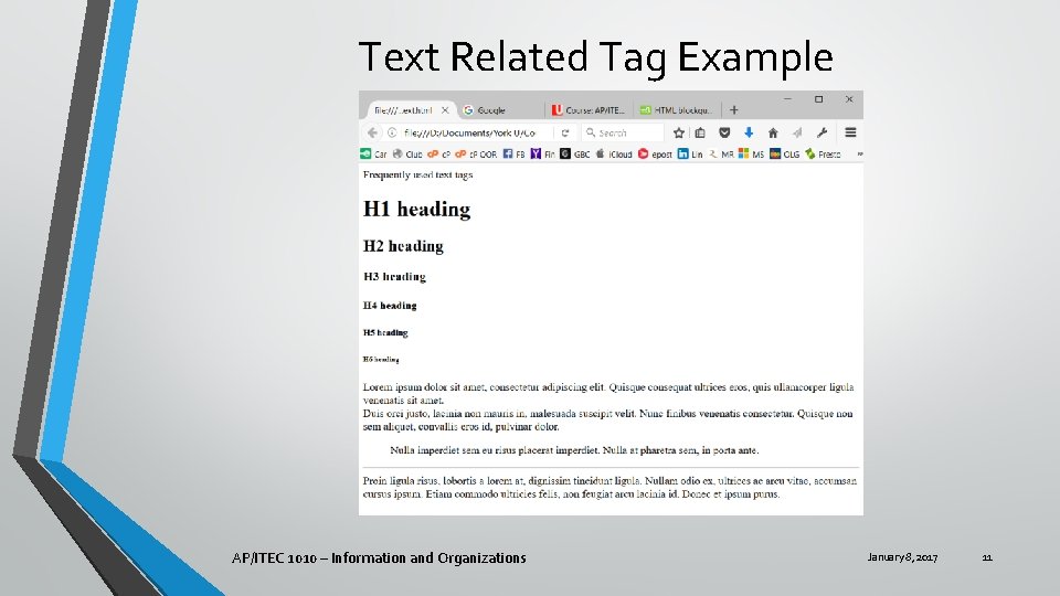 Text Related Tag Example AP/ITEC 1010 – Information and Organizations January 8, 2017 11