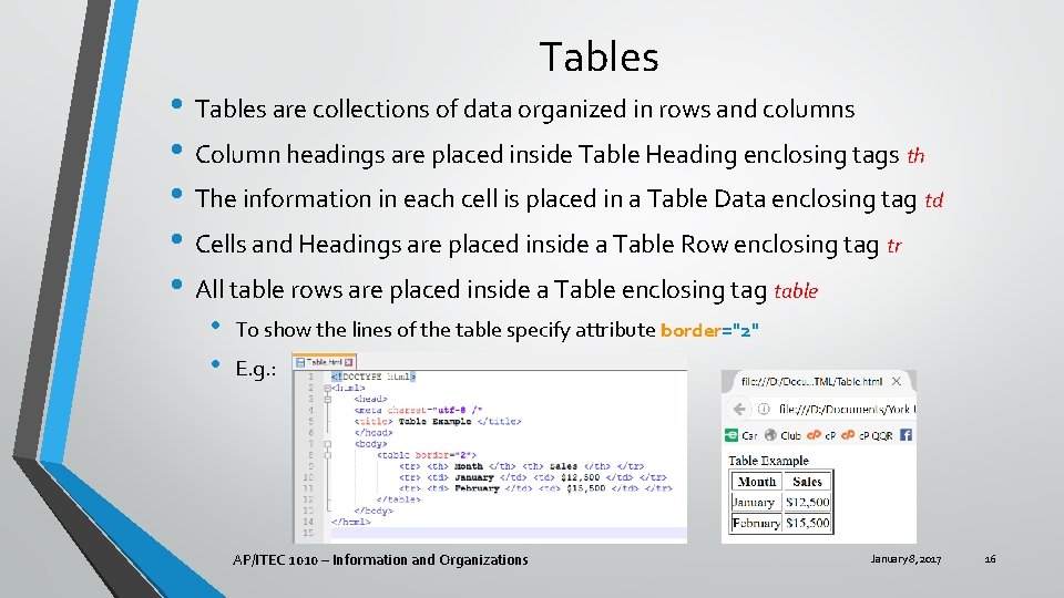 Tables • Tables are collections of data organized in rows and columns • Column