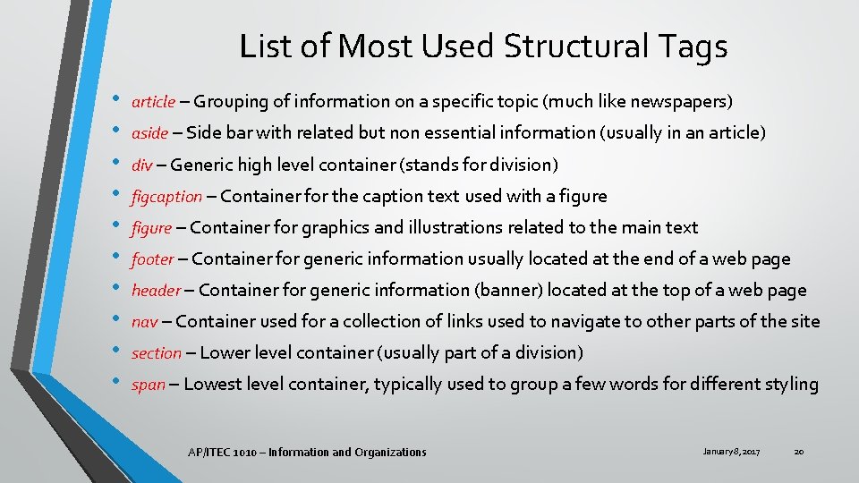 List of Most Used Structural Tags • • • article – Grouping of information