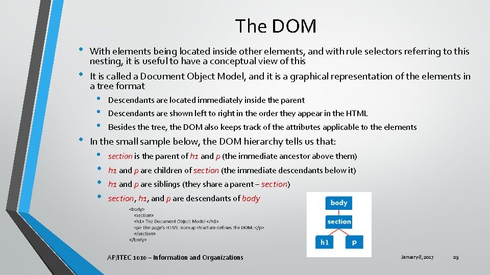 The DOM • • • With elements being located inside other elements, and with