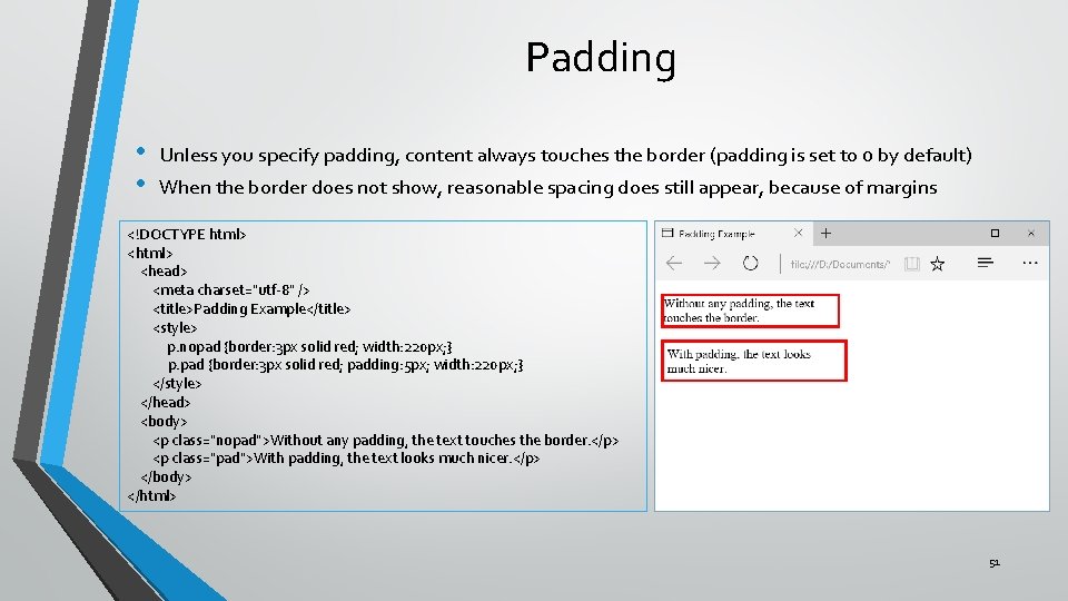 Padding • • Unless you specify padding, content always touches the border (padding is