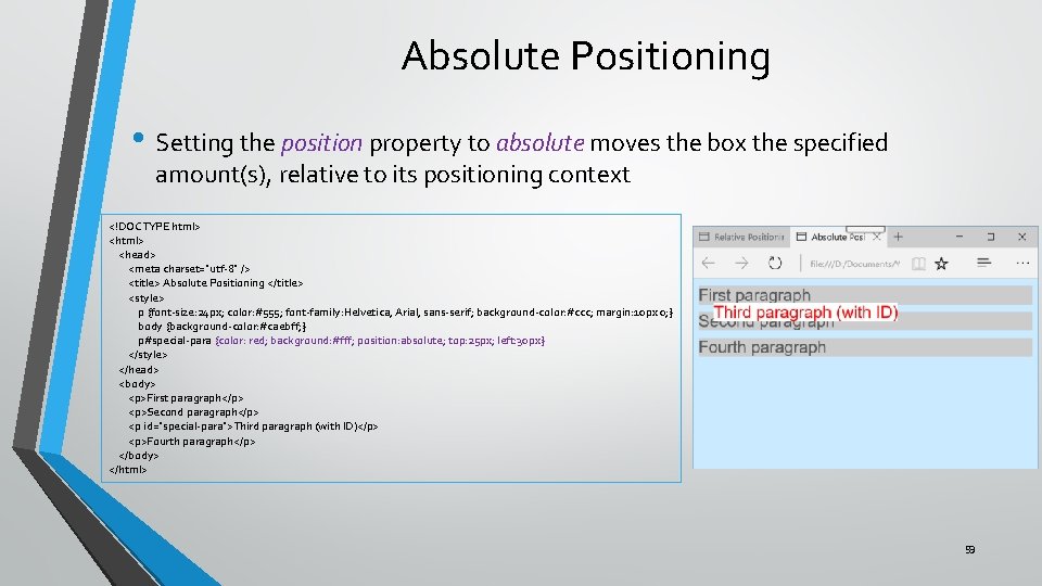 Absolute Positioning • Setting the position property to absolute moves the box the specified