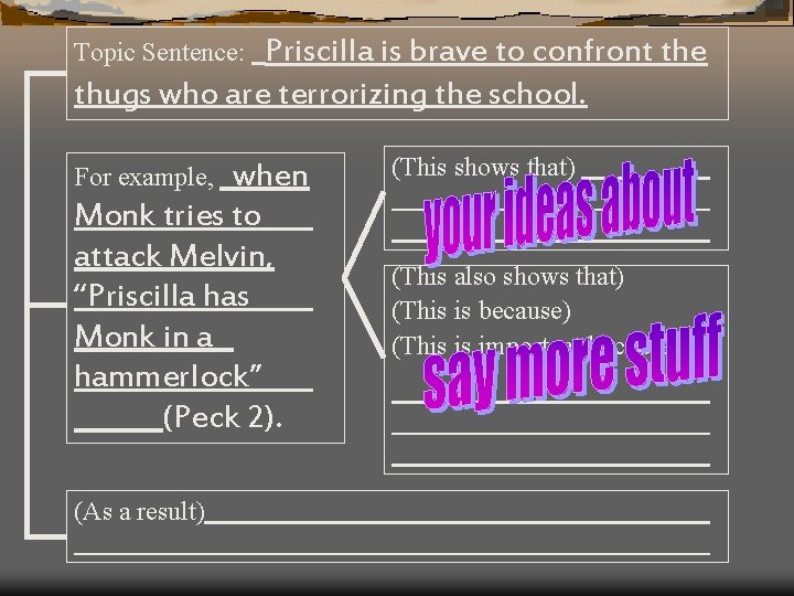 Priscilla is brave to confront the thugs who are terrorizing the school. Topic Sentence: