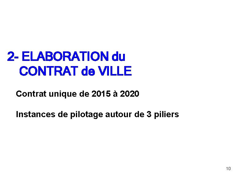 2 - ELABORATION du CONTRAT de VILLE Contrat unique de 2015 à 2020 Instances 2 - ELABORATION du CONTRAT de VILLE Contrat unique de 2015 à 2020 Instances
