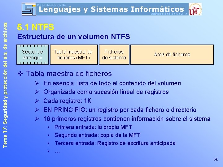 Tema 17: Seguridad y protección del sis. de archivos 5. 1 NTFS Estructura de