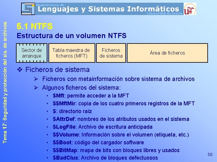 Tema 17: Seguridad y protección del sis. de archivos 5. 1 NTFS Estructura de