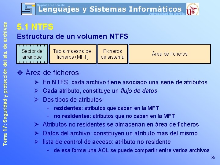 Tema 17: Seguridad y protección del sis. de archivos 5. 1 NTFS Estructura de