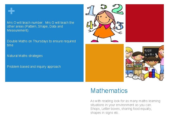 + Mrs O will teach number. Mrs G will teach the other areas (Pattern,