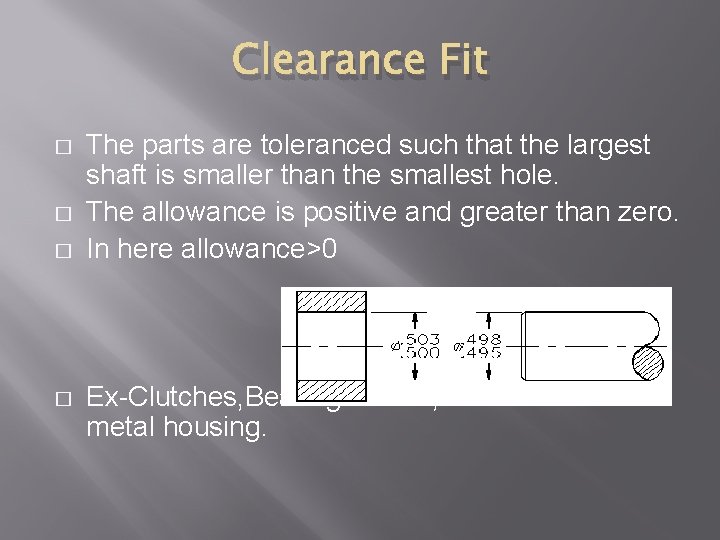 Clearance Fit � � The parts are toleranced such that the largest shaft is