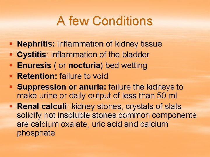 A few Conditions § § § Nephritis: inflammation of kidney tissue Cystitis: inflammation of