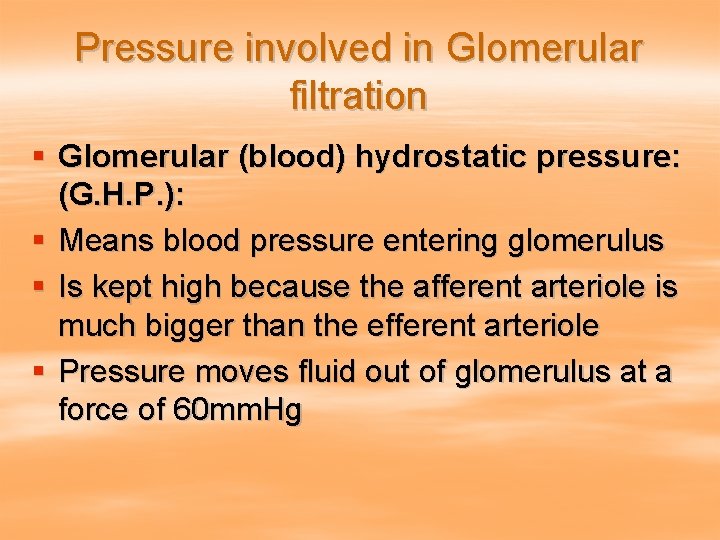 Pressure involved in Glomerular filtration § Glomerular (blood) hydrostatic pressure: (G. H. P. ):
