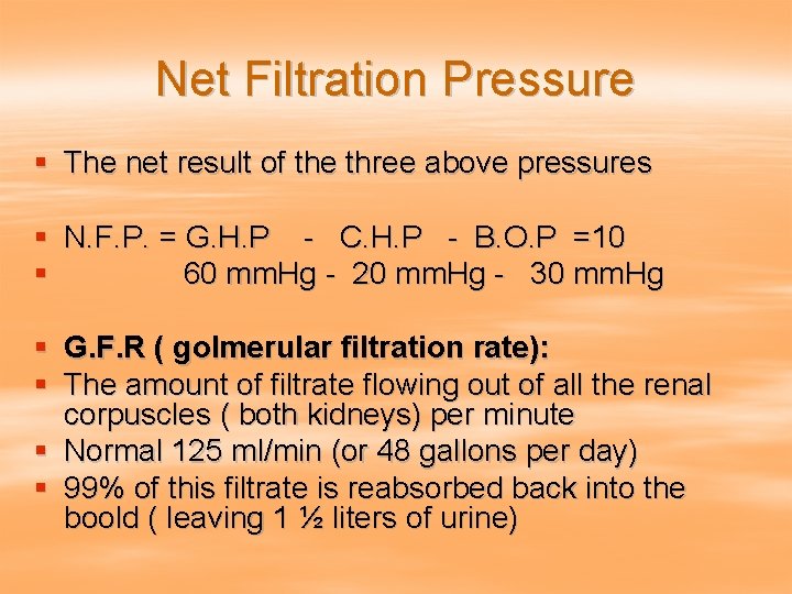 Net Filtration Pressure § The net result of the three above pressures § N.