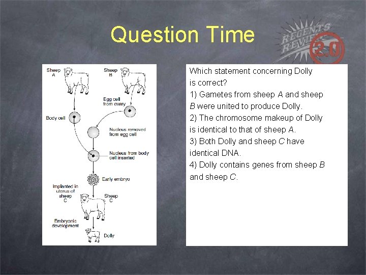 Question Time Which statement concerning Dolly is correct? 1) Gametes from sheep A and