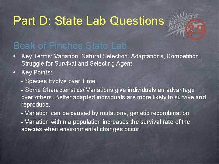 Part D: State Lab Questions Beak of Finches State Lab • Key Terms: Variation,