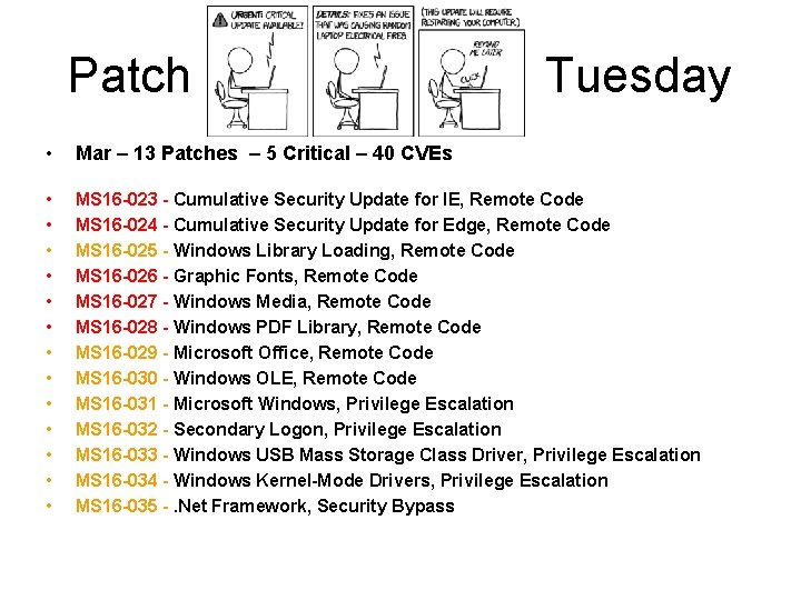 Patch Tuesday • Mar – 13 Patches – 5 Critical – 40 CVEs •