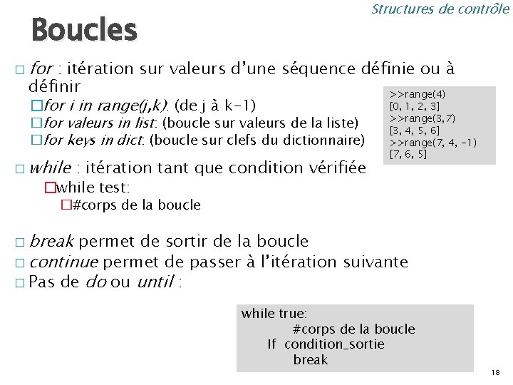 Structures de contrôle Boucles � for : itération sur valeurs d’une séquence définie ou