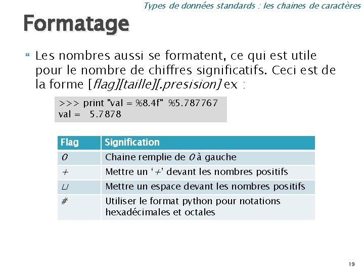 Formatage Types de données standards : les chaines de caractères Les nombres aussi se