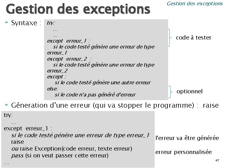 Gestion des exceptions Syntaxe : try: … … except erreur_1 : si le code