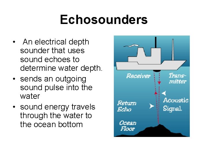 Echosounders • An electrical depth sounder that uses sound echoes to determine water depth.