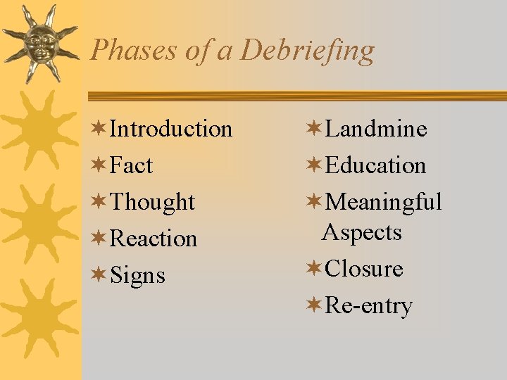 Phases of a Debriefing ¬Introduction ¬Fact ¬Thought ¬Reaction ¬Signs ¬Landmine ¬Education ¬Meaningful Aspects ¬Closure