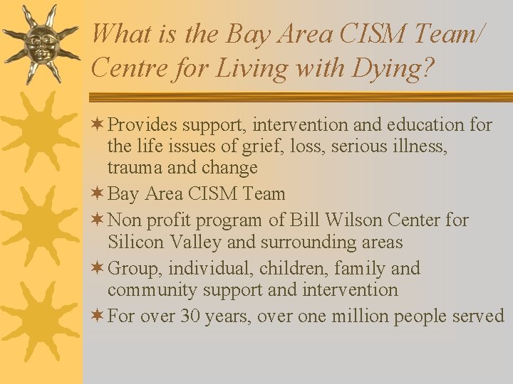 What is the Bay Area CISM Team/ Centre for Living with Dying? ¬ Provides