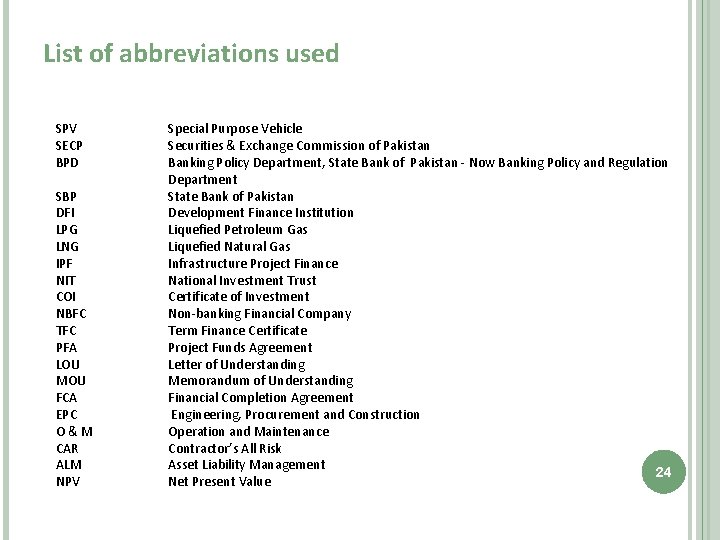 List of abbreviations used SPV SECP BPD SBP DFI LPG LNG IPF NIT COI