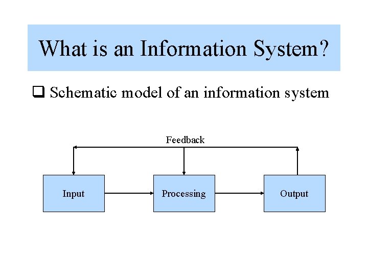 What is an Information System? q Schematic model of an information system Feedback Input
