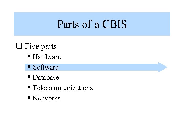 Parts of a CBIS q Five parts § Hardware § Software § Database §