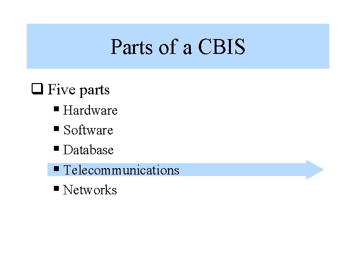 Parts of a CBIS q Five parts § Hardware § Software § Database §