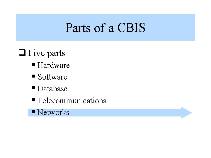 Parts of a CBIS q Five parts § Hardware § Software § Database §