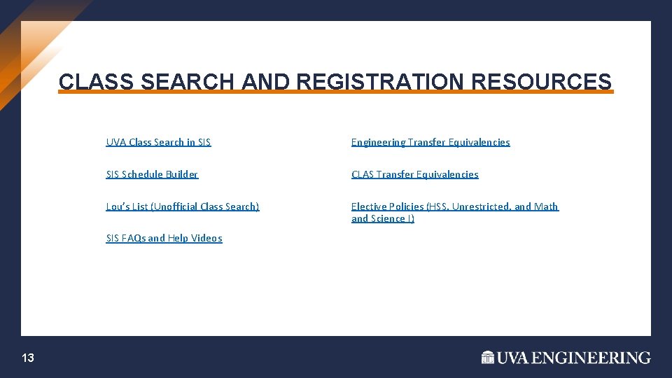 CLASS SEARCH AND REGISTRATION RESOURCES UVA Class Search in SIS Engineering Transfer Equivalencies SIS CLASS SEARCH AND REGISTRATION RESOURCES UVA Class Search in SIS Engineering Transfer Equivalencies SIS