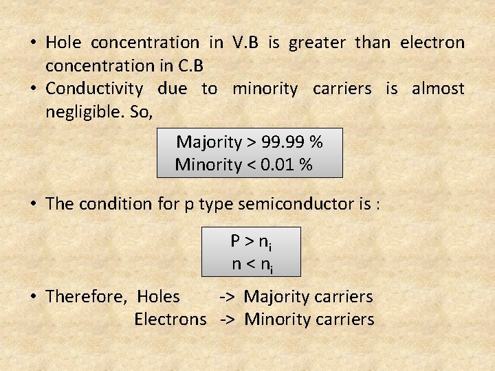  • Hole concentration in V. B is greater than electron concentration in C.