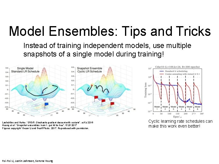 Model Ensembles: Tips and Tricks Instead of training independent models, use multiple snapshots of