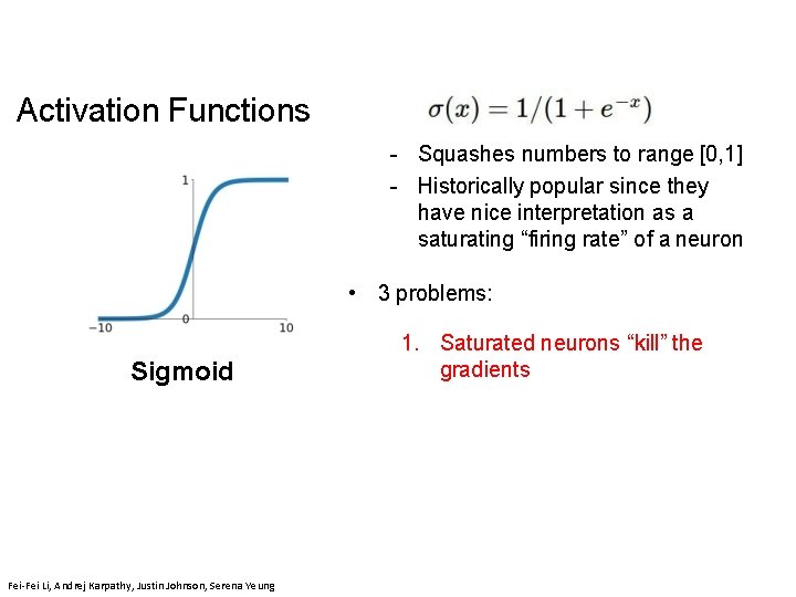 Activation Functions - Squashes numbers to range [0, 1] - Historically popular since they