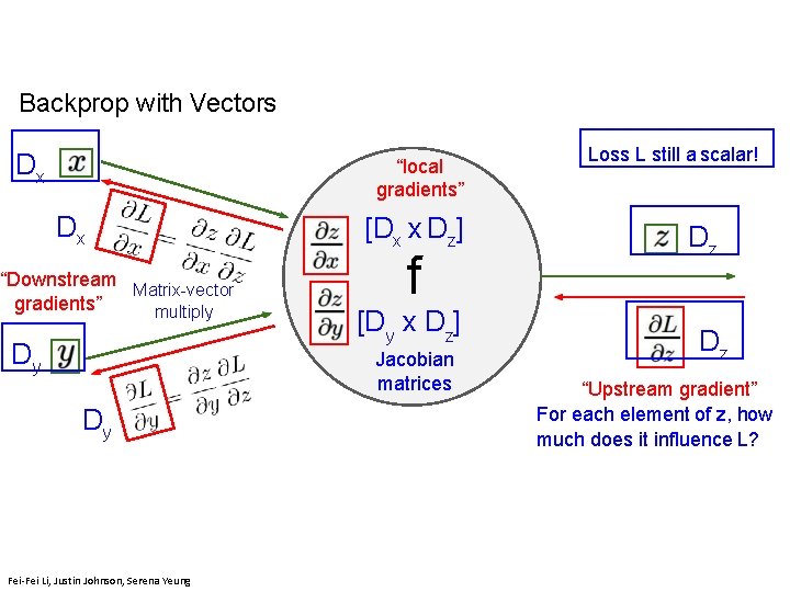 Backprop with Vectors Dx Loss L still a scalar! “local gradients” Dx “Downstream Matrix-vector