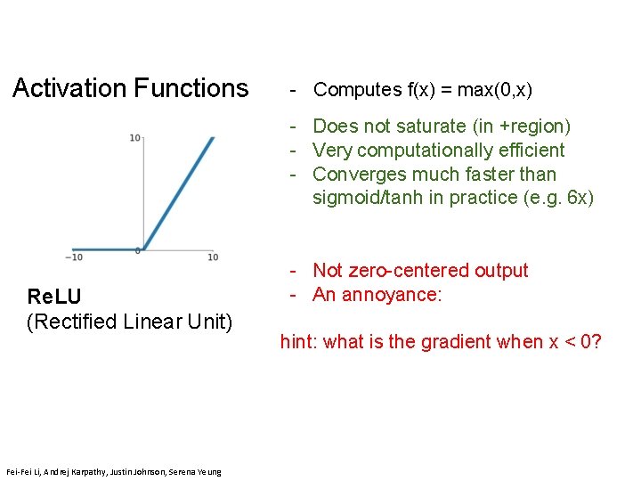 Activation Functions - Computes f(x) = max(0, x) - Does not saturate (in +region)