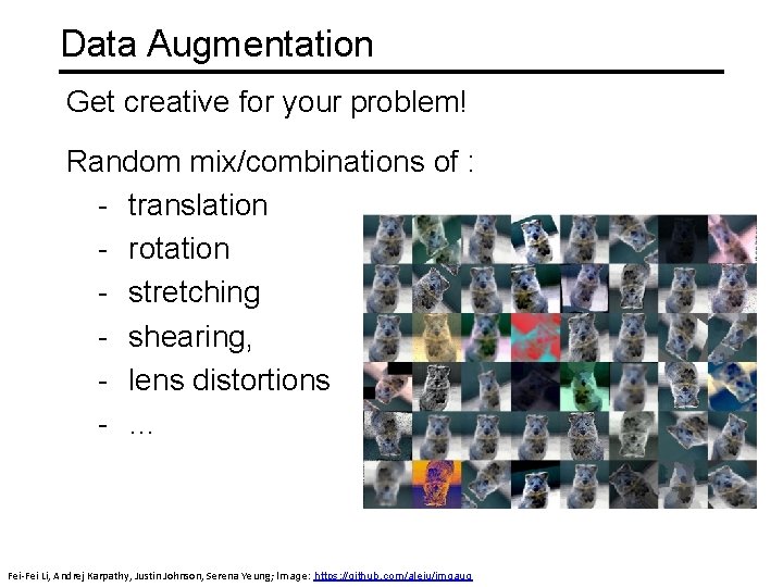 Data Augmentation Get creative for your problem! Random mix/combinations of : - translation -