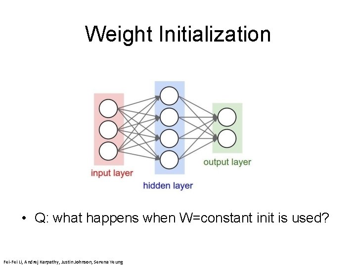 Weight Initialization • Q: what happens when W=constant init is used? April 19, 2018