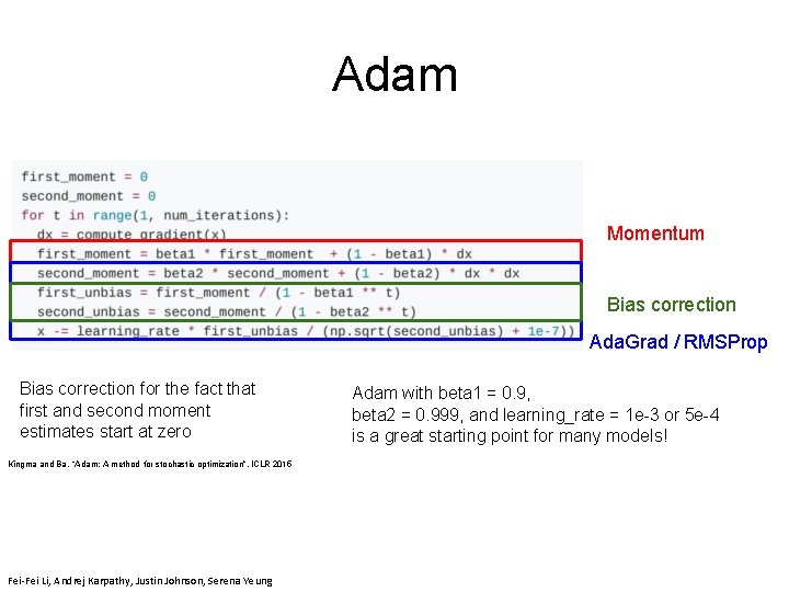 Adam Momentum Bias correction Ada. Grad / RMSProp Bias correction for the fact that