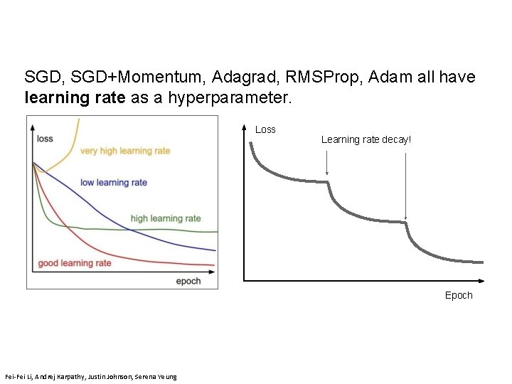 SGD, SGD+Momentum, Adagrad, RMSProp, Adam all have learning rate as a hyperparameter. Loss Learning