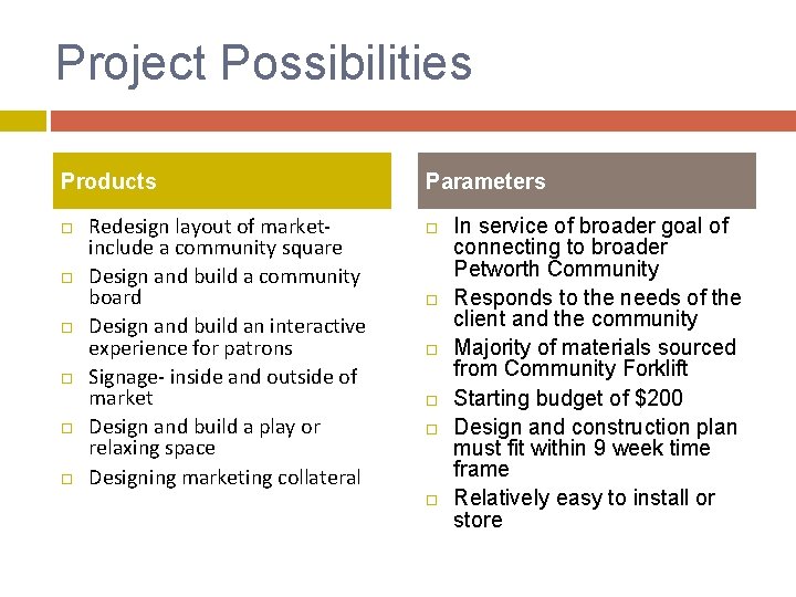 Project Possibilities Products Redesign layout of marketinclude a community square Design and build a Project Possibilities Products Redesign layout of marketinclude a community square Design and build a