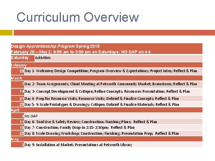 Curriculum Overview Design Apprenticeship Program Spring 2015 February 28 – May 2; 9: 55 Curriculum Overview Design Apprenticeship Program Spring 2015 February 28 – May 2; 9: 55